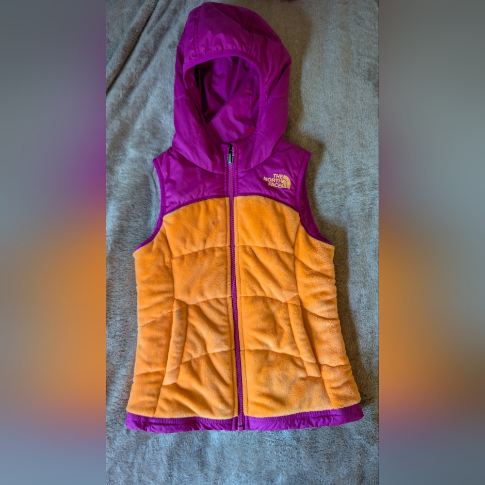 The North Face Pink & Orange Hooded Down Vest- Girls XS (6)